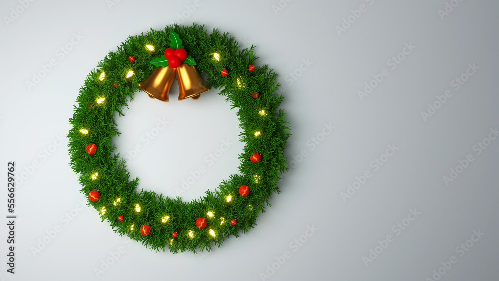 Canvas Prints 3D Render Of Empty Christmas Wreath With Golden Jingle Bells And Copy Space On Gray Background.