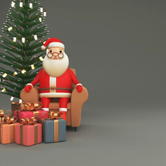3D Render Of Santa Claus Sitting On Sofa With Gift Boxes, Xmas Tree Decorated By Lighting Garland Over Gray Background And Copy Space.