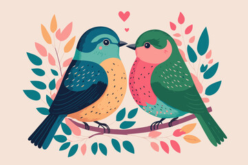 couple Love Birds perched on a branch of a Tree valentine day theme