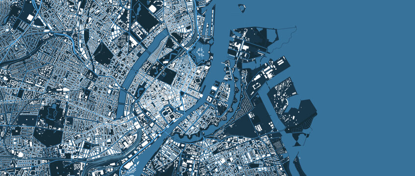 Detailed blue vector map poster of Copenhagen city, linear print map. Skyline urban panorama. Decorative graphic tourist map of Copenhagen territory.