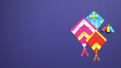 3D Render Of Colorful Kites With String Spools Hang On Blue Background And Copy Space.