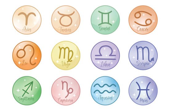 Zodiac signs collection illustration colorful. Twelve astrological signs icons.