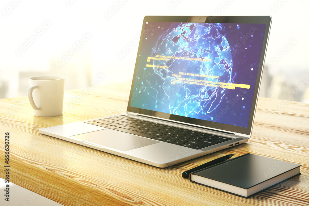 Poster modern computer display with abstract software development hologram and world map, global research a