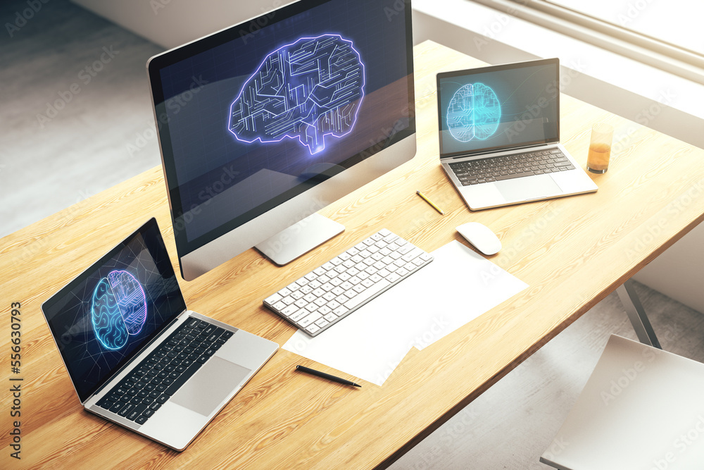 Leinwandbilder modern computer monitor with creative artificial intelligence symbol. neural networks and machine le