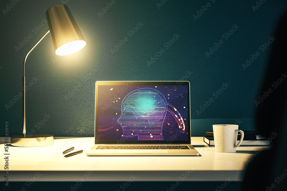 Poster Modern computer screen with creative human head microcircuit. Future technology and AI concept. 3D Rendering
