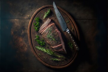 Fototapeta na wymiar Medium Fried Beef Steak On Wooden Table With Knife And Herbs Around It Generative AI