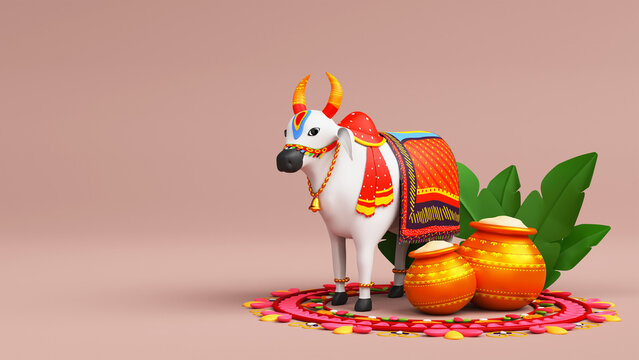 3D Render Of Mattu Pongal Festival Elements On Copper Background And Copy Space.