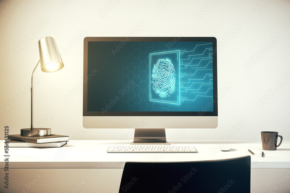 Poster Computer monitor with abstract fingerprint scan interface, digital access concept. 3D Rendering