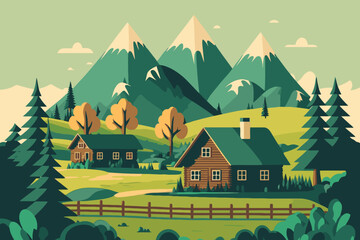 Fototapeta premium mountain green field alpine landscape nature with wooden houses