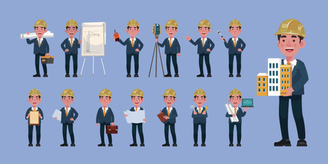 Set of flat engineer with different poses