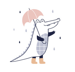 Cute happy crocodile walking under umbrella in rainy weather. Funny alligator animal in rain. Childish character in Scandinavian style. Flat graphic vector illustration isolated on white background - obrazy, fototapety, plakaty