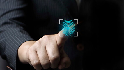 futuristic digital processing of biometric identification fingerprint scanner for access personal financial data. surveillance and security scanning of digital