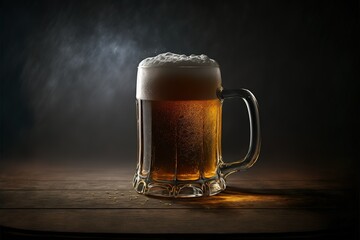 Beer Mug With Foam On Wooden Table Dark Background With Smoke And Light On Beer Mug Generative AI