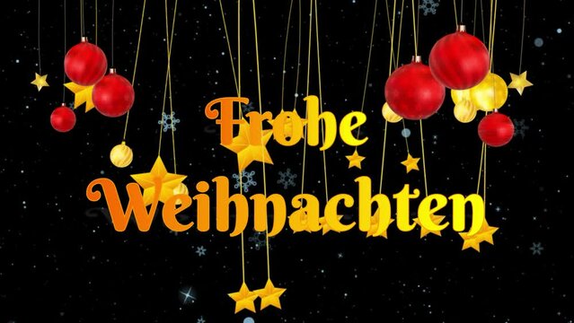 Feliz navidad en idioma alem&aacute;n con nieve, bolas de adorno y estrellas