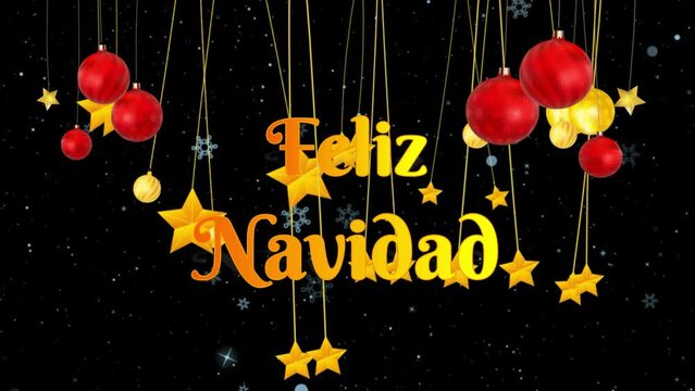 Feliz navidad en idioma espa&ntilde;ol con nieve, bolas de adorno y estrellas