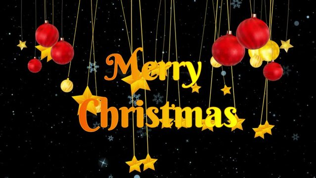 Feliz navidad en idioma ingles con nieve, bolas de adorno y estrellas