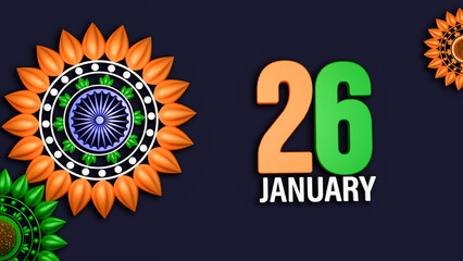 3D Render Tricolor 26 January Font With Top View Mandala Pattern Over Dark Blue Background.