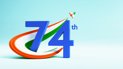 3D Render Of Blue 74th Number With Indian Tricolor Paper Plane Trail On Cyan Background.