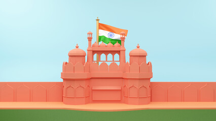 3D Render Of India Flag Behind Red Fort Monument On Light Turquoise And Green Background.