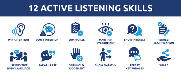 12 Active Listening Skills Icon Set. Containing pay attention, eye contact, body language, show empathy, don't interrupt and share icons. Solid icon collection.