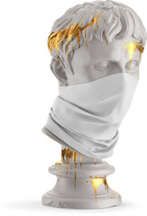 White Neck Gaiter on Antique Sculpture with Golden Drips Isolated Mockup - 3D Illustration, Half Side View