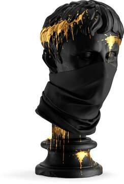 Black Neck Gaiter on Antique Sculpture with Golden Drips Isolated Mockup - 3D Illustration, Half Side View
