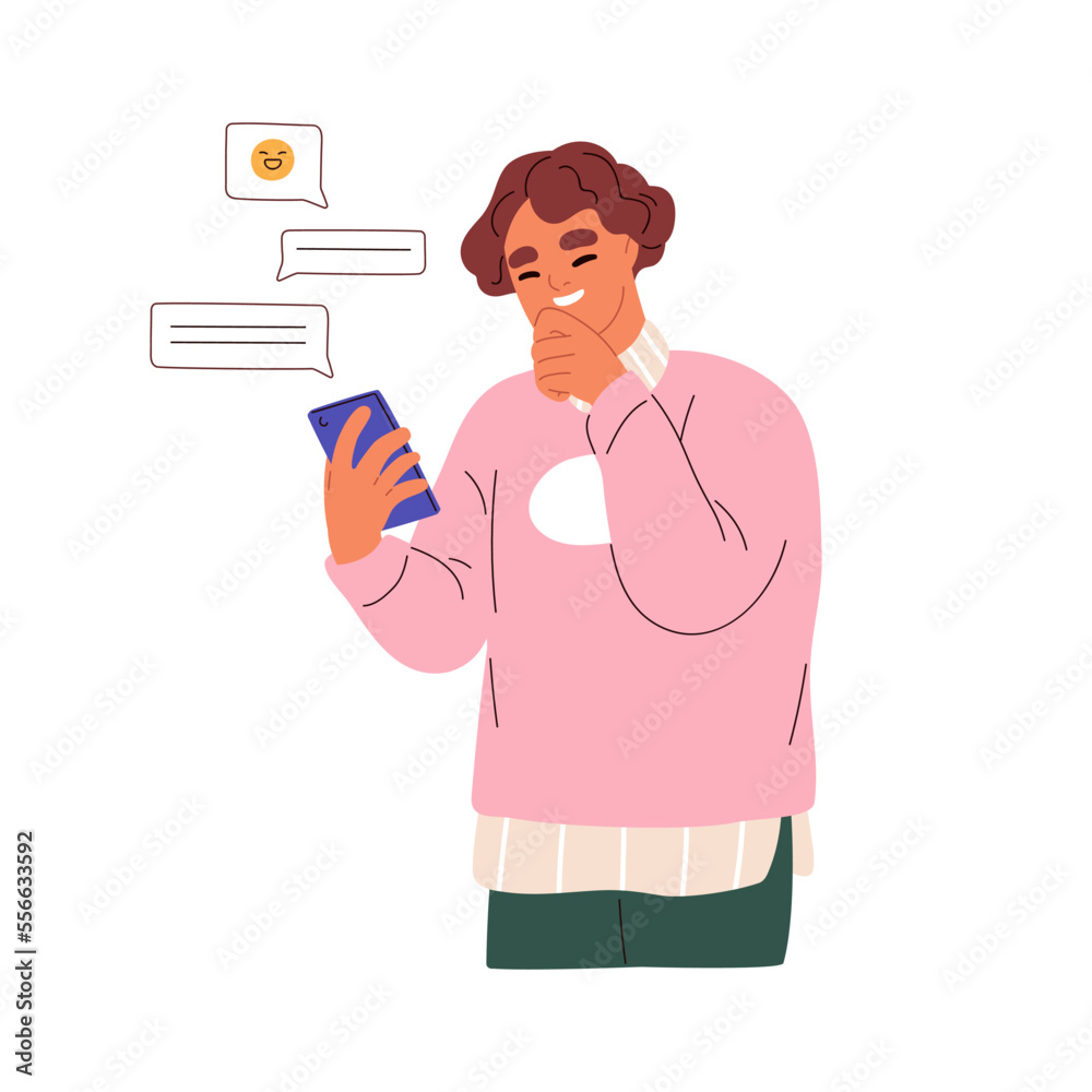 Poster texting and reading online messages using smartphone. person holding mobile phone, laughing during i