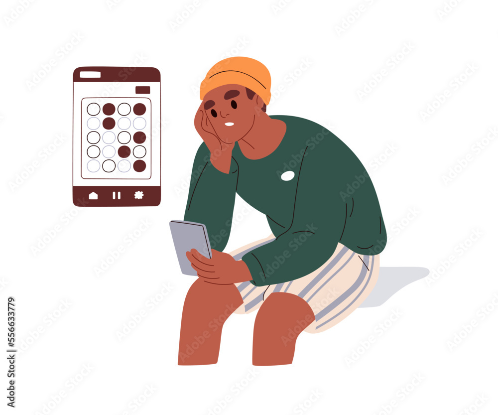 Poster Character playing online mobile game on smart phone. Person player using smartphone fun app. Man, internet gamer holding cellphone at leisure. Flat vector illustration isolated on white background