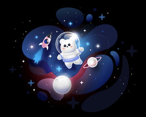 Fototapeta premium 3d abstract kid space illustration with astronaut bear in space suit with helmet, spaceship, star and planet on dark background. 3d style space design with animal astronaut bear