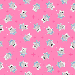 Obraz premium 3d abstract kid space illustration with astronaut bear in space suit and star on pink color background. 3d space design of seamless pattern with animal astronaut bear