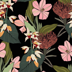 Cotton fabric Fashionable seamless tropical pattern with tropical leaves and strelitzia, orchids flowers. Line stylish floral on black background.