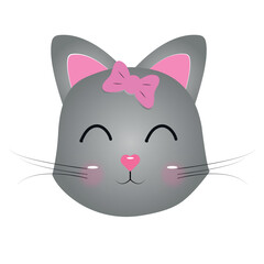 Cute cat face with a pink bow. Fairy tale theme. For the design of fashion fabric, t-shirt prints, cups, stickers, cards. Vector.