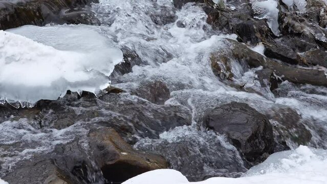 South Fork of the Provo River flowing during winter with snow and ice.