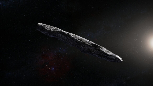 Oumuamua is an interstellar object which entered the solar system. Its nature remains a mystery. Asteroid or comet, 3d rendering science illustration.