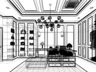 Fototapeta premium sketch design of interior walk-in closet room, 3d rendering
