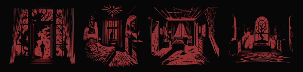 Dramatic, Creepy, Horror, Scary, Mystery, or Crime room Illustration. Illustration for Horror Movie or Halloween Poster Design Element. Vector Illustration