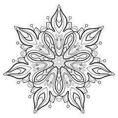 Decorative mandala with floral patterns and round shapes on a white isolated background. For coloring book pages.