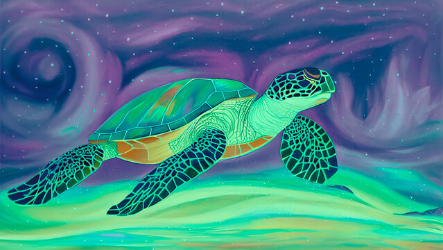 An abstract painting of a turtle set against a colorful background. Generative AI