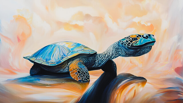 An abstract painting of a turtle set against a colorful background. Generative AI
