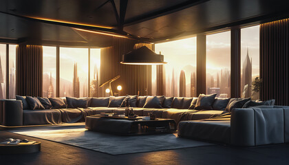 Fototapeta premium Beautiful modern living room interior, Generative AI