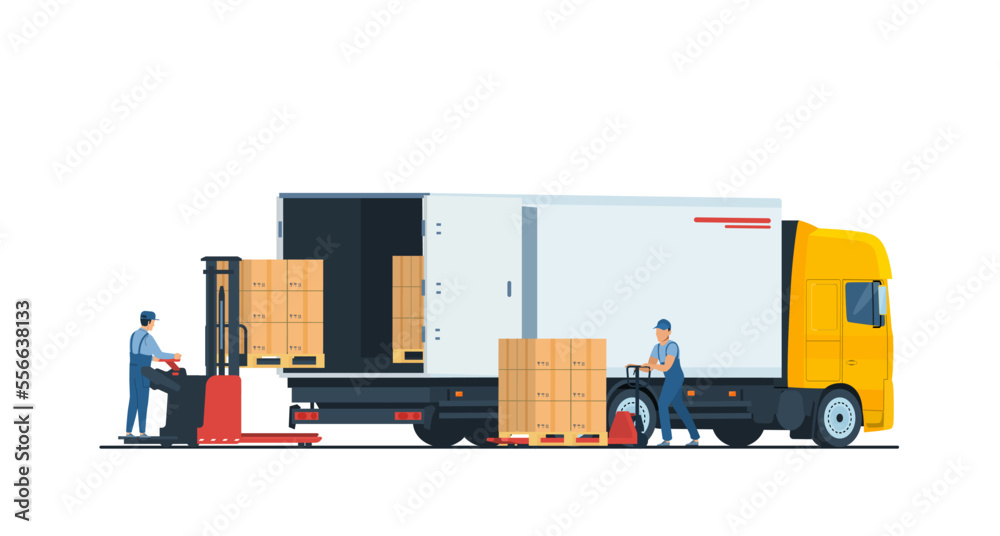 Wall mural warehouse staff loading a box truck using an electric forklift and a hand pallet truck. vector illus