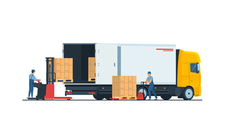 Warehouse staff loading a box truck using an electric forklift and a hand pallet truck. Vector illustration. © lyudinka