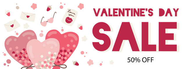 Valentines day sale flayer with hand drawn design. Cute flat style elements. White background