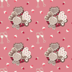 Party Valentine Day seamless pattern with desserts on a pink background, vector hand drawn illustration 