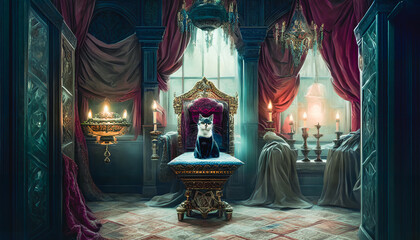 Cat is depicted seated on a throne in a royal chamber. Generative AI