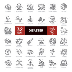 Disaster Icon Pack. Collection of thin line icons related to different disasters