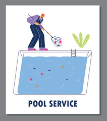 Banner or card mockup for pool maintenance and cleaning services, flat vector.