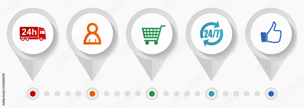 Poster shopping vector icons, shop and store flat design web pointers collection, business concept infograp