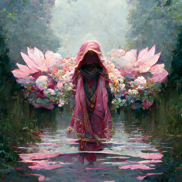 Goddess of Love Aphrodite Pink Divine Spirit of Desire and Valentine Standing into Water Surrounded by Flowers Abstract Figure Painting Generative AI Tools Technology illustration	