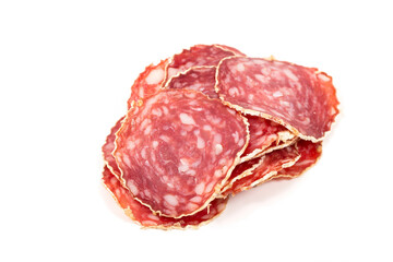 Slices of salami sausage on a white background